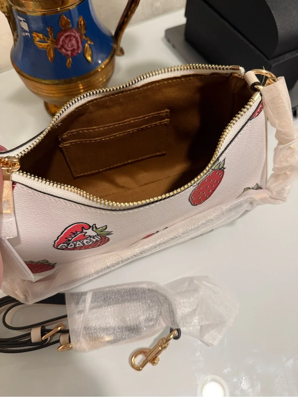 Coach White Leather Mini Shoulder Bag with Red Strawberry Print - Picture 4 of 5